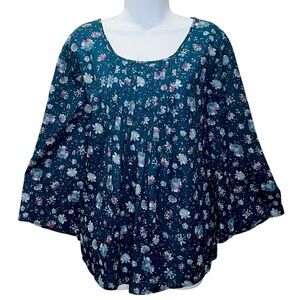 J. Jill Pintuck Tunic Women’s Size Large Flared Sleeve Blue Floral Cotton Top
